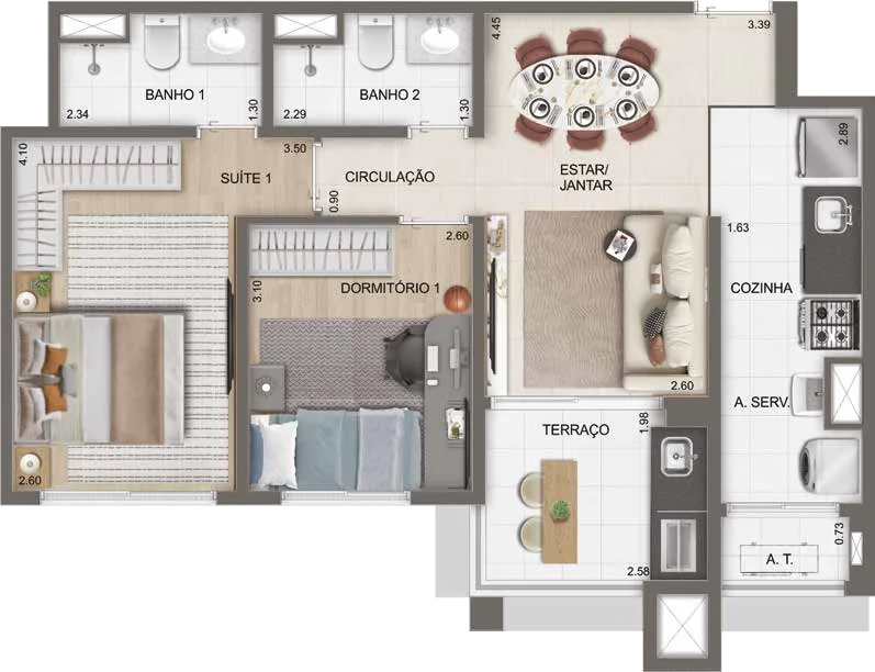 Planta do apartamento de 63 m² no Azzure Osasco