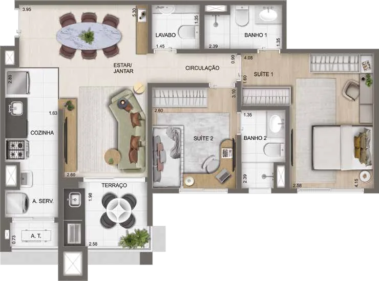 Planta do apartamento de 72 m² no Azzure Osasco