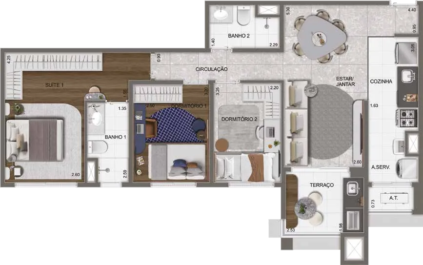 Planta do apartamento de 80 m² com 3 dormitórios